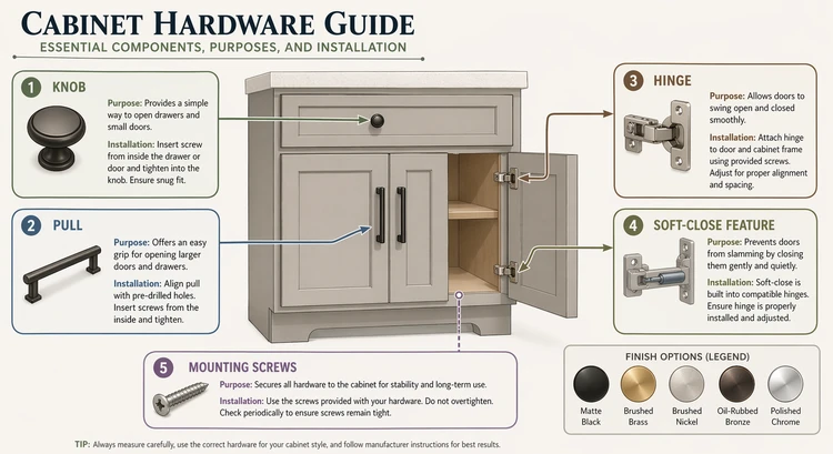 Infographic illustrating cabinet hardware selection process with labeled callouts for knobs, pulls, and hinges across kitchen and bathroom applications