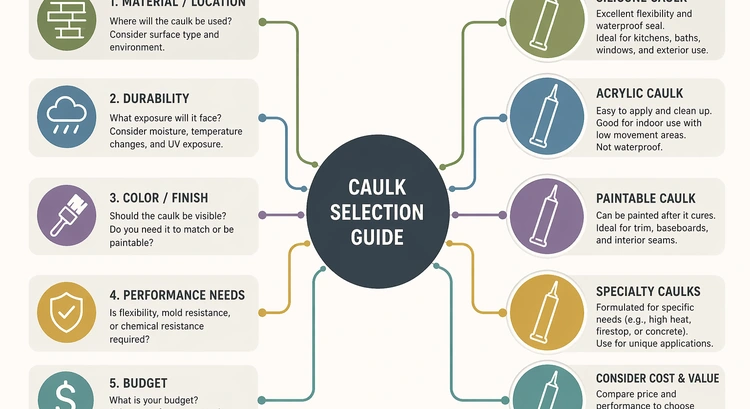 infographic showing how to choose caulk by surface type moisture level and paint compatibility