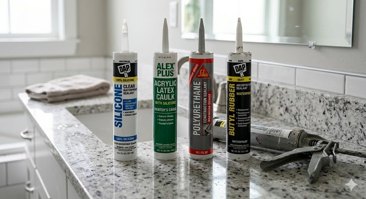 assorted caulk tubes on a workbench showing what type of caulk to use for different home improvement projects