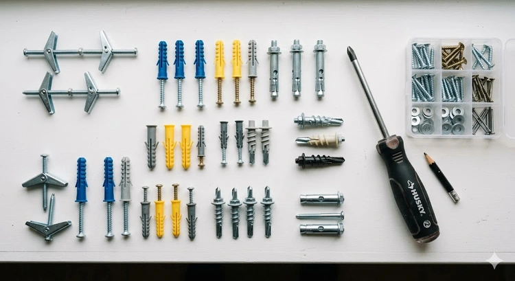 Assortment of drywall anchor types laid out to illustrate how to choose drywall anchors correctly