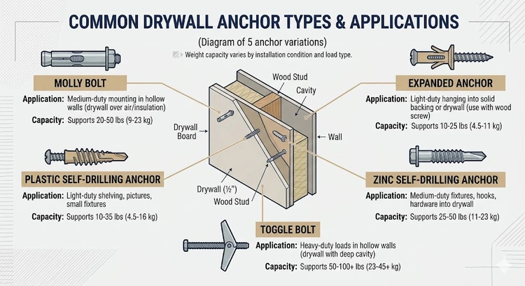Infographic illustrating how to choose drywall anchors by load weight, wall material, and anchor type