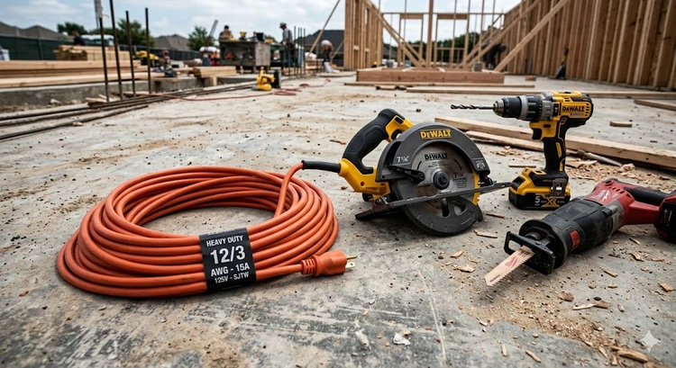 Extension cord for power tools coiled on a workshop bench next to a circular saw