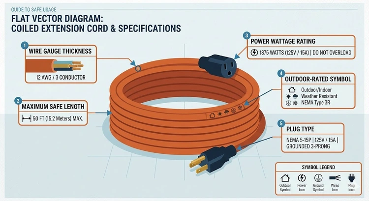 Infographic showing extension cord gauge selection guide for power tools by amperage and length