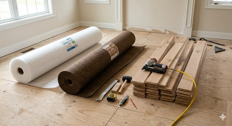how to choose underlayment for hardwood floors — rolls of foam, cork, and felt underlayment stacked beside a laminate floor installation