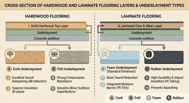 infographic decision tree for how to choose underlayment for hardwood floors by subfloor type and flooring method