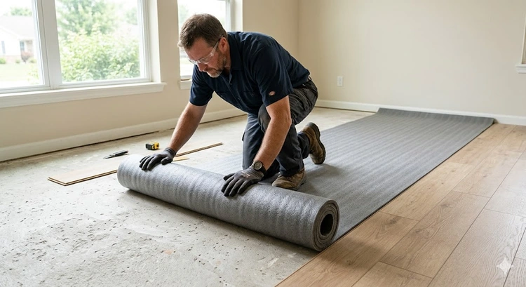 rolls of flooring underlayment for laminate and vinyl laid out before subfloor installation