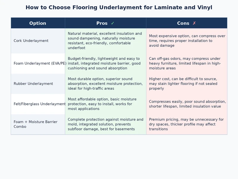 comparison diagram of flooring underlayment for laminate showing foam cork rubber and combination layers