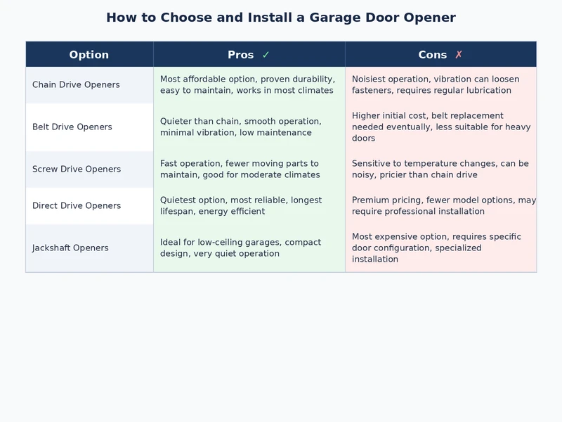 garage door opener drive type comparison diagram showing chain belt screw and direct drive