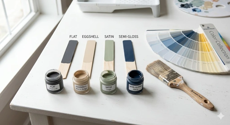 interior paint finish types comparison showing flat eggshell satin semi-gloss and gloss on wall samples