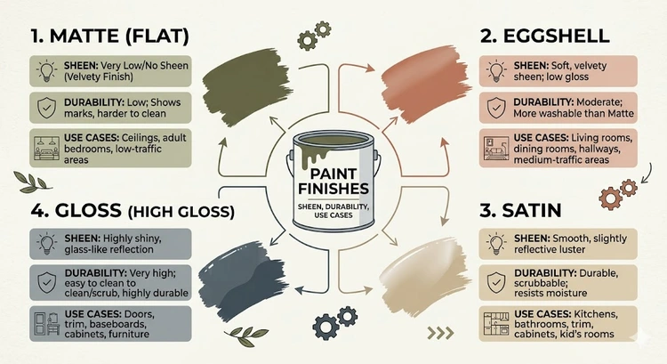 infographic showing how to choose interior paint finish by room type traffic level and sheen spectrum