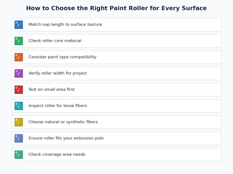 Paint roller selection checklist showing nap thickness, cover material, and surface type matching