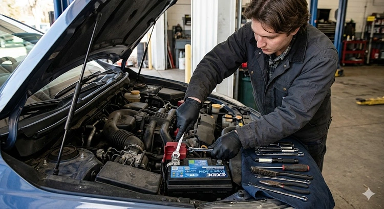How to choose and replace a car battery — tools, battery, and terminal wrench on a garage workbench