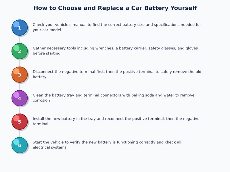 Car battery replacement process diagram showing cable removal sequence, tray cleaning, and installation steps with labeled connector arrows