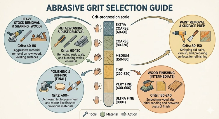 infographic showing sandpaper grit progression chart for wood metal and drywall projects
