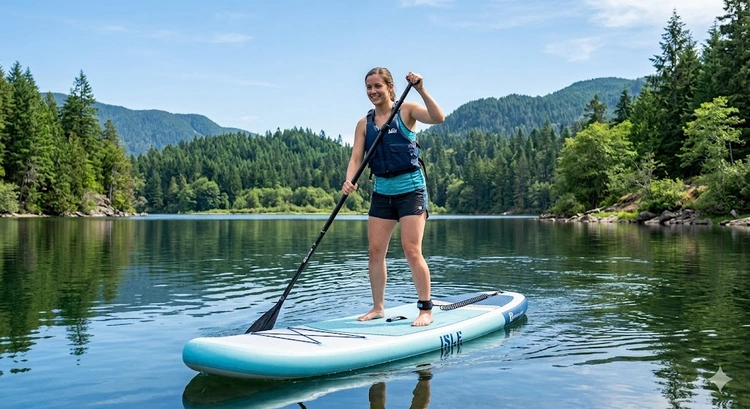 beginner standing on a wide all-around paddleboard on calm flatwater — how to choose a paddleboard for beginners