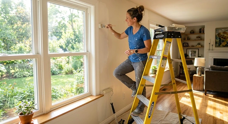 homeowner comparing ladder types at a hardware store to find the right ladder for home use