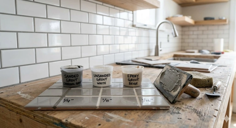how to choose tile grout — sanded, unsanded, and epoxy grout samples with joint width references
