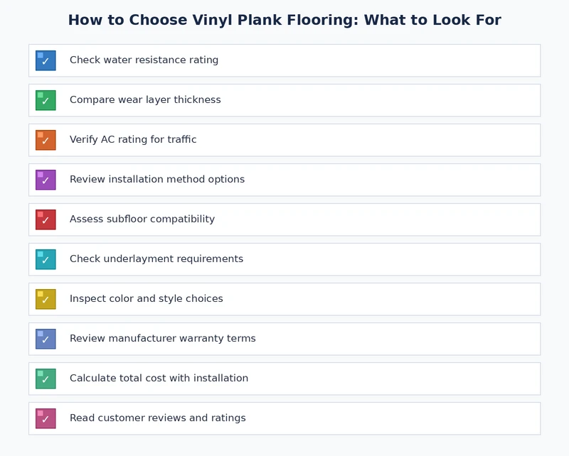 vinyl plank flooring selection checklist covering core type, wear layer, subfloor requirements, and tool list