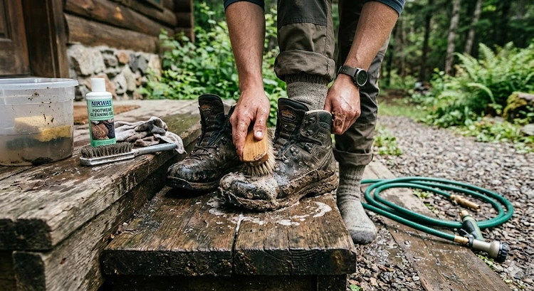 how to clean hiking boots using a stiff brush on a muddy trail boot outsole