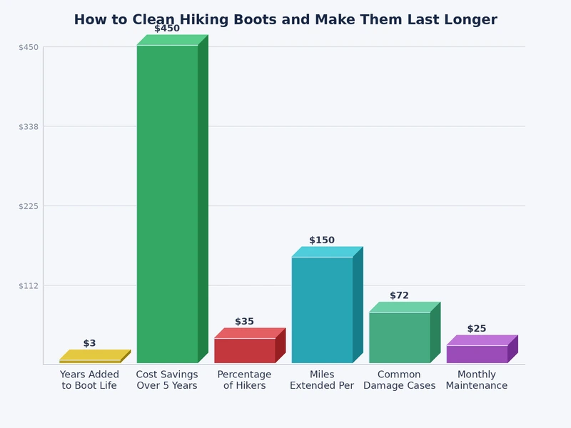 bar chart comparing hiking boot lifespan with regular cleaning versus no maintenance across leather mesh and synthetic upper types