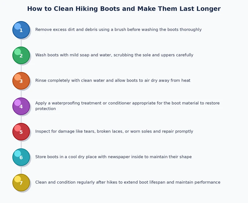 step-by-step process diagram for how to clean hiking boots covering prep scrubbing rinsing drying and conditioning stages