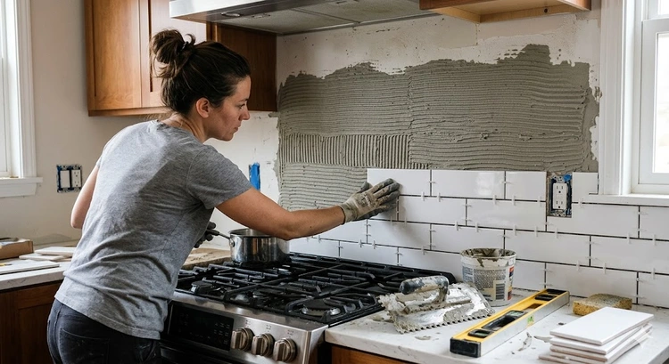 How to install kitchen backsplash tile DIY — subway tile in running bond pattern installed above a kitchen range