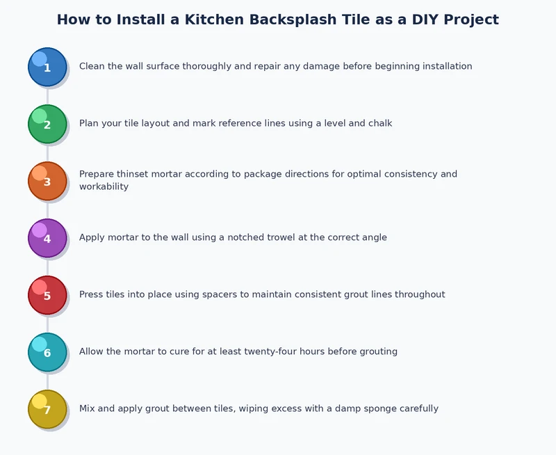 Process diagram showing six steps to install kitchen backsplash tile DIY from substrate prep to final sealing
