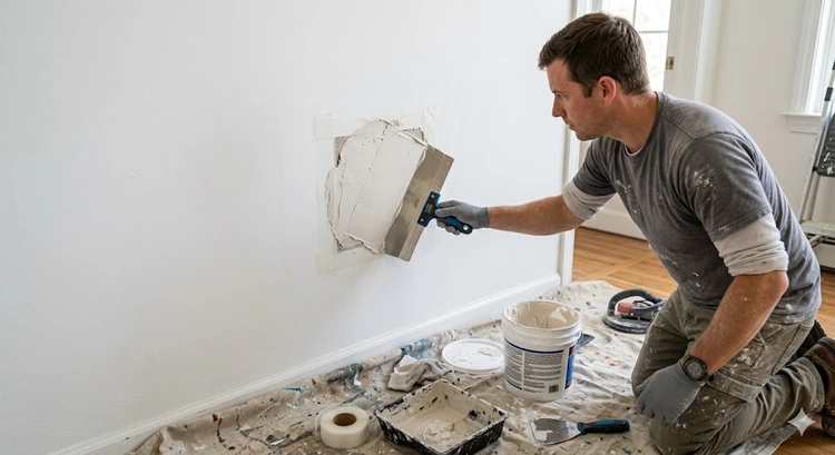 tools and materials laid out for how to patch drywall holes including joint compound, mesh patch, and putty knife