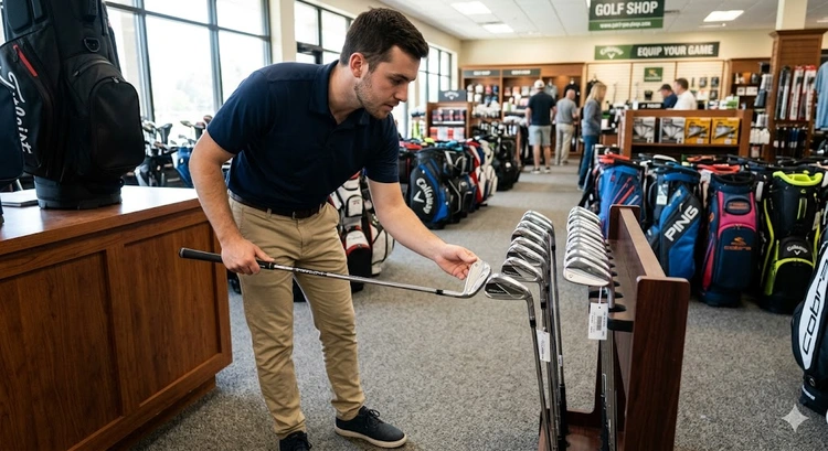 How to pick golf clubs for beginners — beginner starter set arranged on a golf course fairway