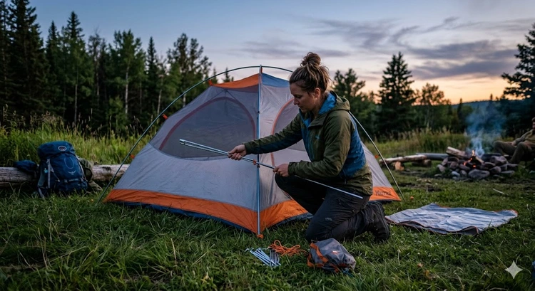 how to set up a tent step by step with dome tent pitched on grassy campsite with rainfly attached
