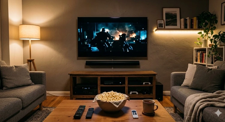 budget home theater system setup with AV receiver surround sound speakers and 4K TV