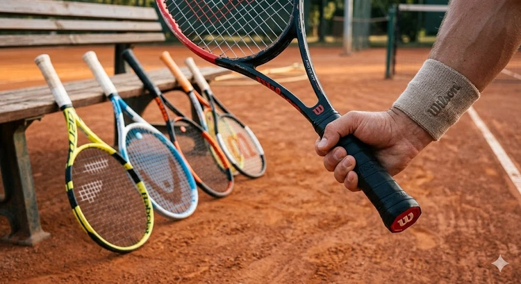 how to size a tennis racket showing grip measurement, head size, and weight labels on a modern frame