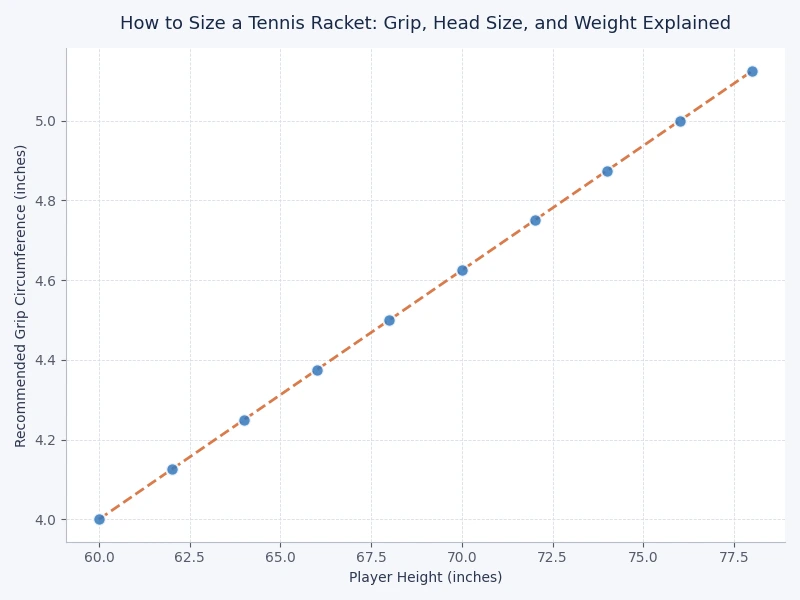 tennis racket sizing chart comparing grip circumference sizes, head size categories, and weight ranges by player level