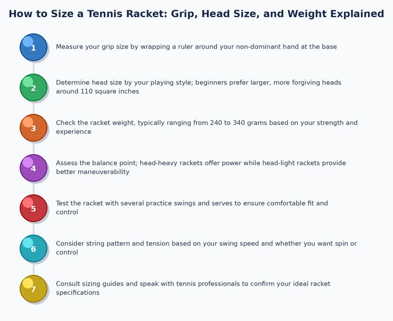 step-by-step process diagram for measuring tennis racket grip size using a ruler against an open palm