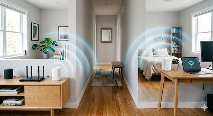 how wifi mesh systems work — diagram of interconnected mesh nodes covering a multi-story home