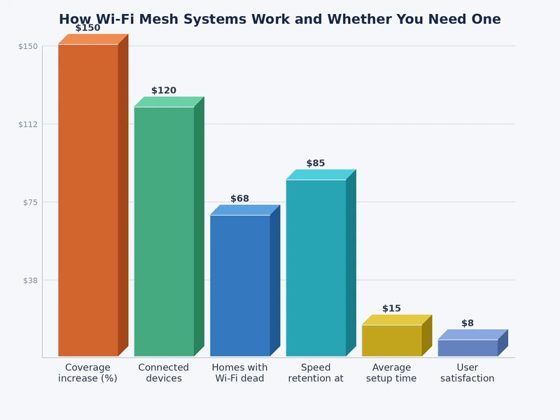 bar chart comparing mesh system performance vs single router across coverage area, device count, and latency