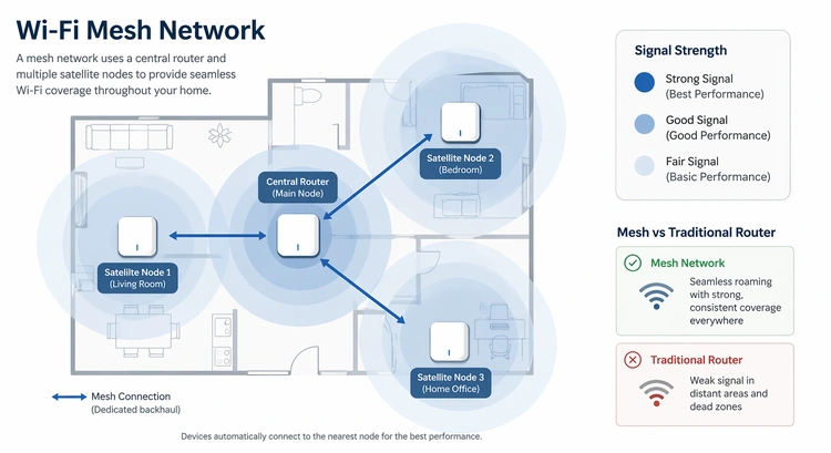 infographic showing mesh node placement strategy, backhaul types, and signal overlap zones