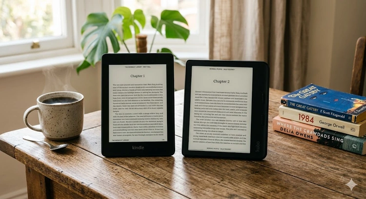 Kindle vs Kobo e-readers placed side by side for comparison review