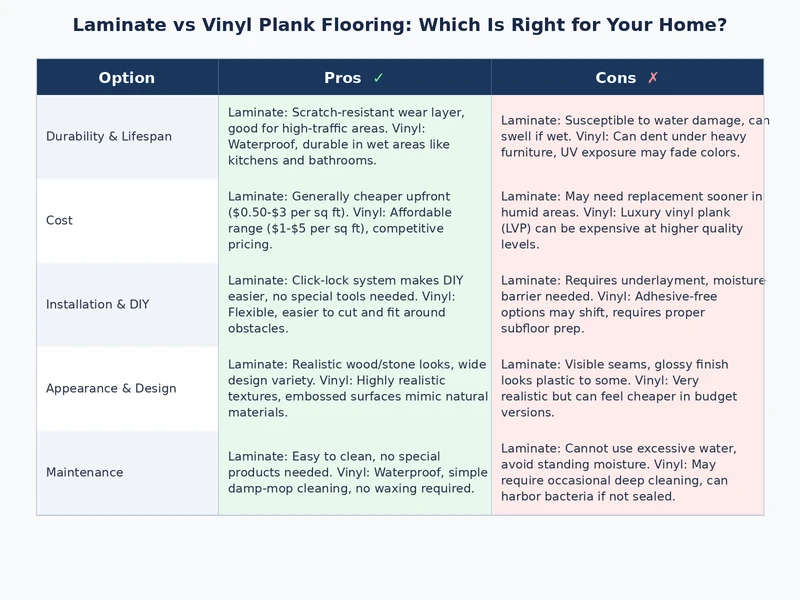 Infographic comparing laminate vs vinyl plank flooring performance across water resistance cost durability and installation difficulty