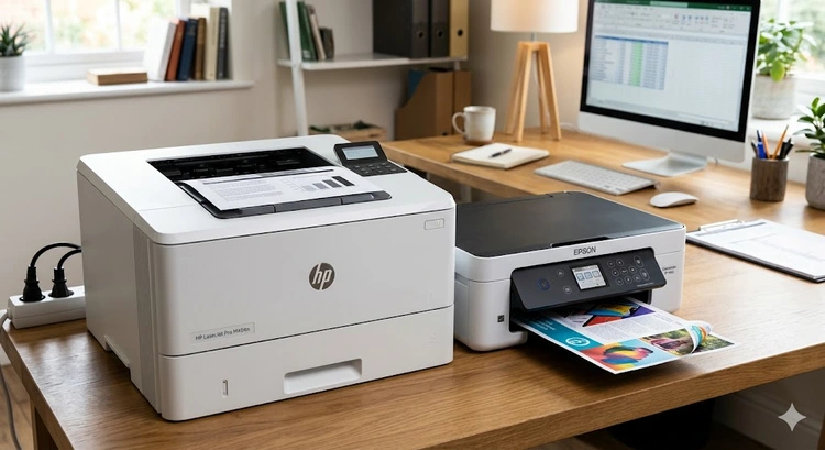 laser printer vs inkjet printer side by side comparison on a desk