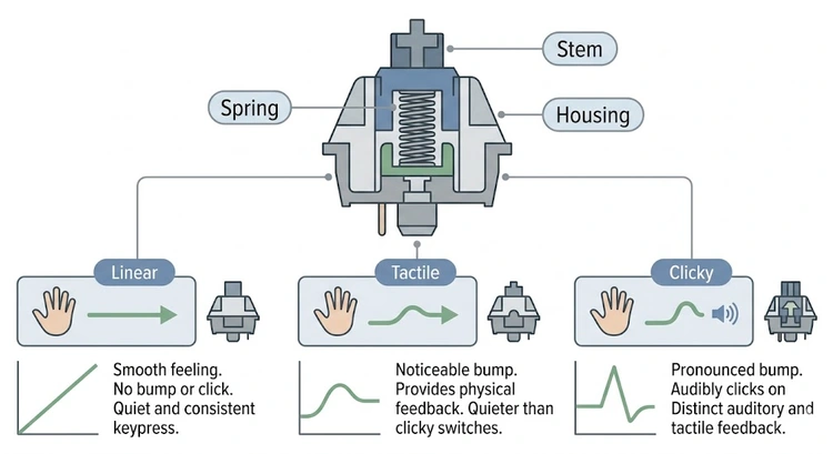 Infographic illustrating mechanical keyboard switch types explained with actuation diagrams and use case labels