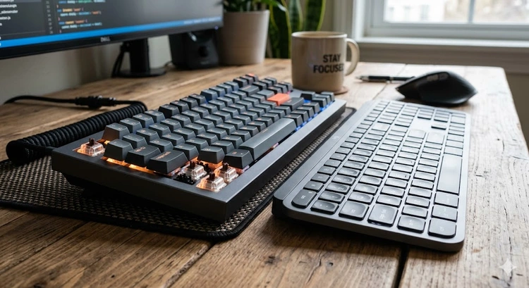 Mechanical keyboard vs membrane keyboard side-by-side showing switch construction and key profile differences