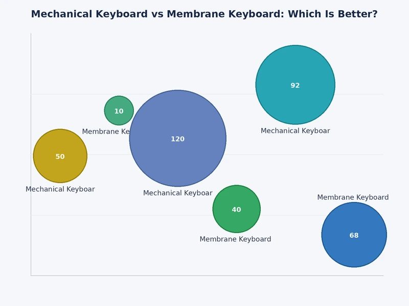 Bar chart comparing mechanical vs membrane keyboard ratings across durability, noise level, cost, and customization depth
