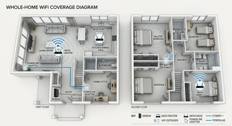 mesh wifi vs wifi extender vs powerline adapter hardware comparison showing three device types side by side
