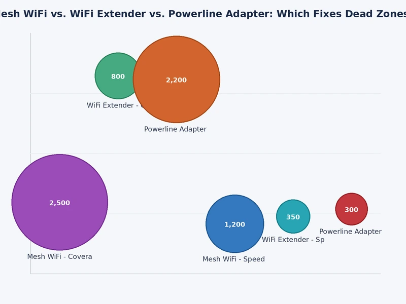 bar chart comparing mesh wifi vs wifi extender vs powerline adapter across speed, coverage, cost, and complexity metrics