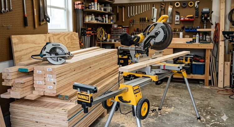 miter saw vs circular saw side by side in a home workshop