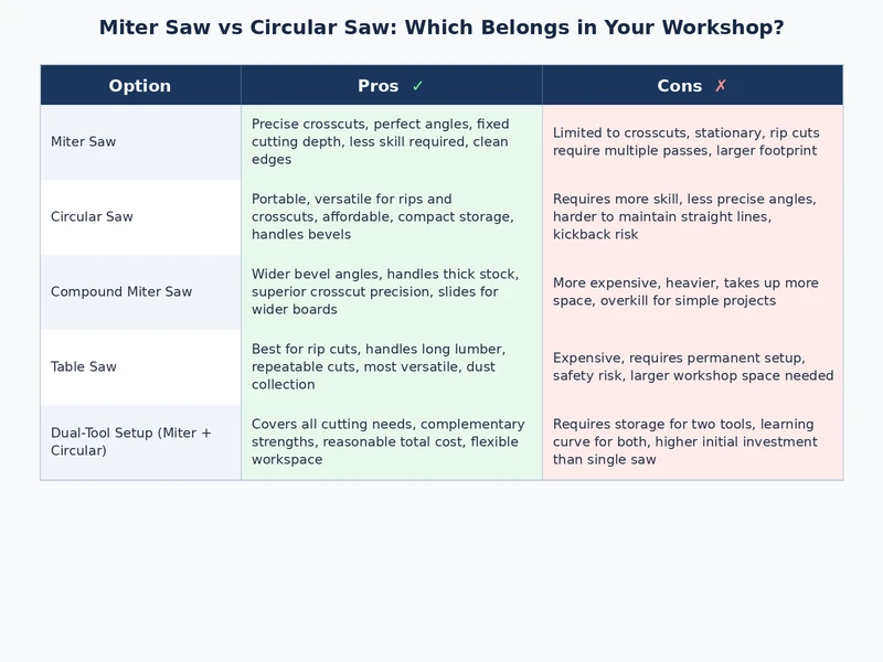 comparison chart of miter saw vs circular saw features and use cases