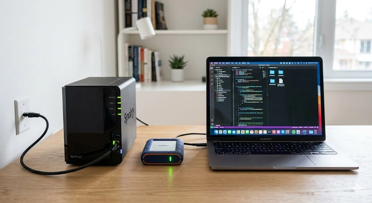 NAS device next to an external hard drive illustrating the nas vs external hard drive comparison