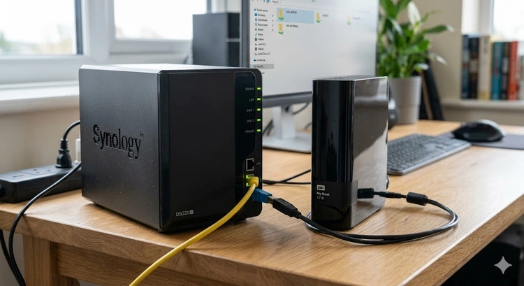 NAS device and external hard drive compared side by side for backup use cases