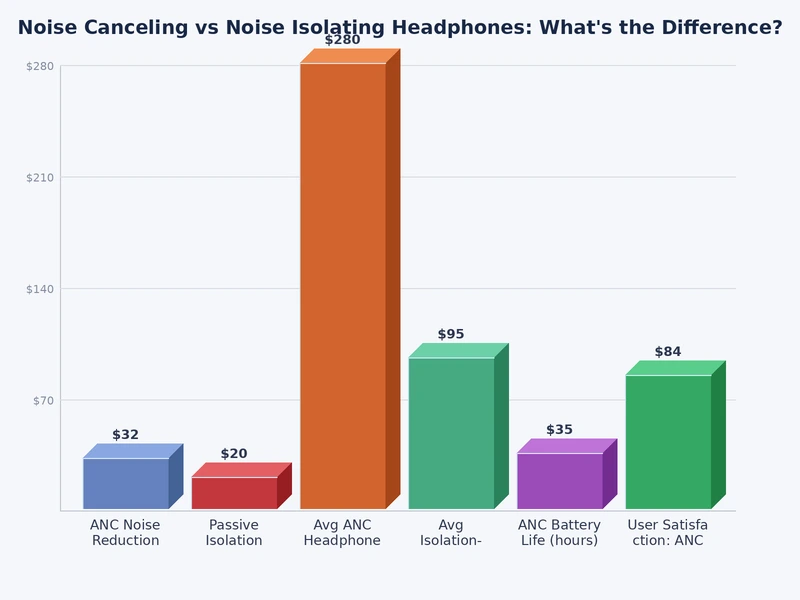 bar chart comparing noise reduction effectiveness of active noise canceling vs passive noise isolating headphones across low mid and high sound frequencies